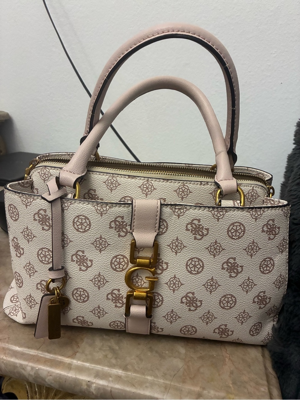 Guess Cream and Pink Monogram Satchel with Gold Hardware